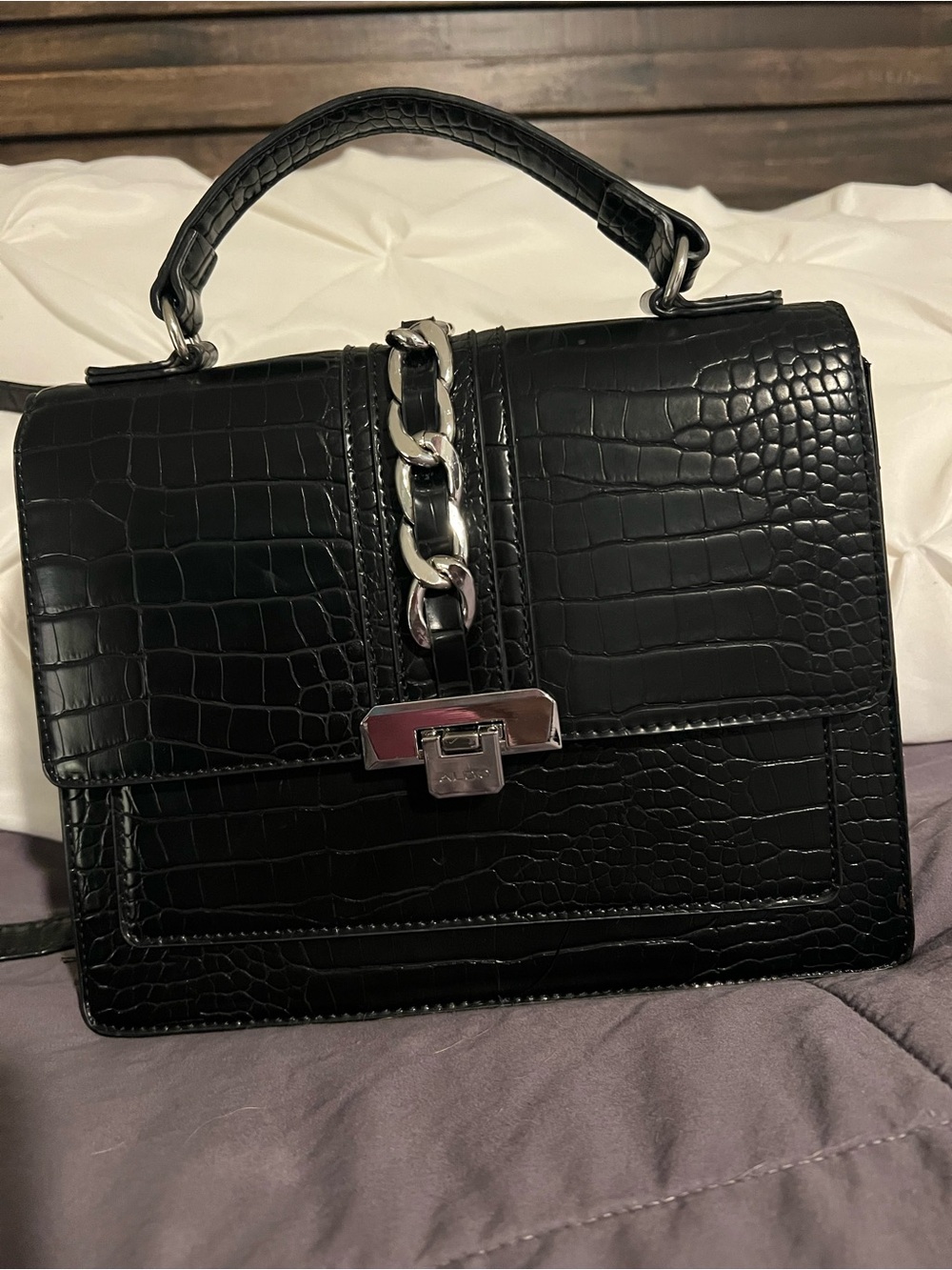 ALDO Black Croc-Embossed Top Handle Satchel with Silver Chain